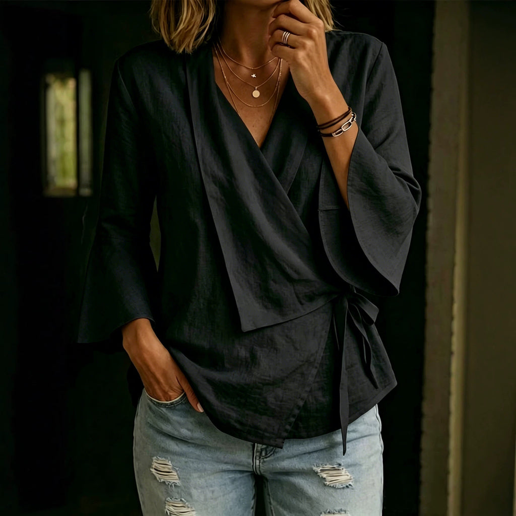 Women's Asymmetrical Tie Blouse - Flared Sleeve Notch Lapel Top