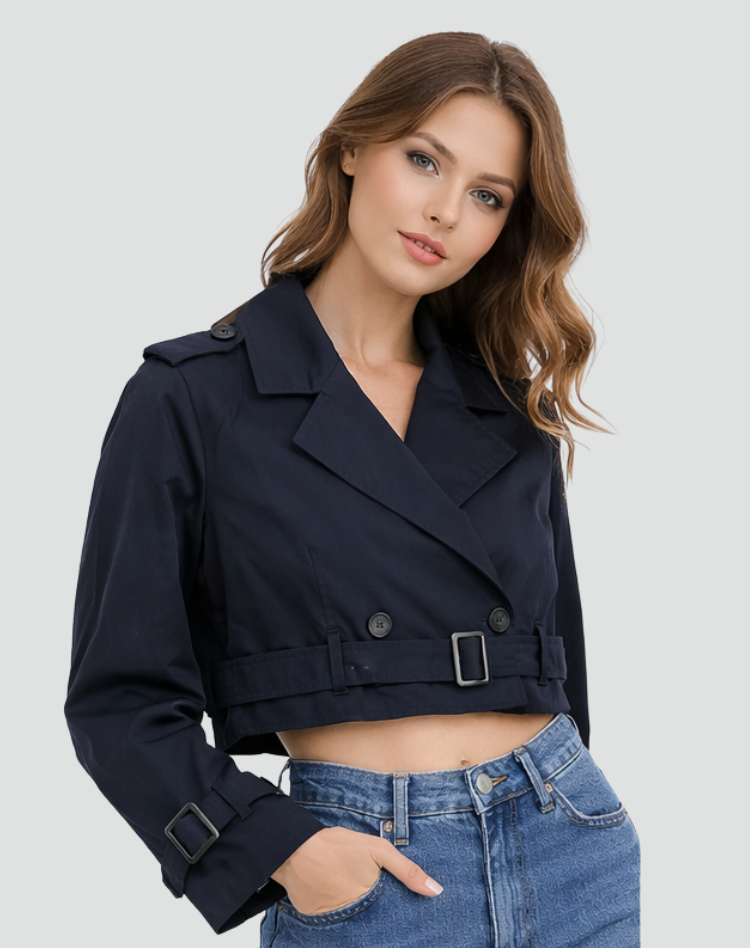 Women's Short Cotton Trench Coat - Classic Regular Fit Everyday Outerwear