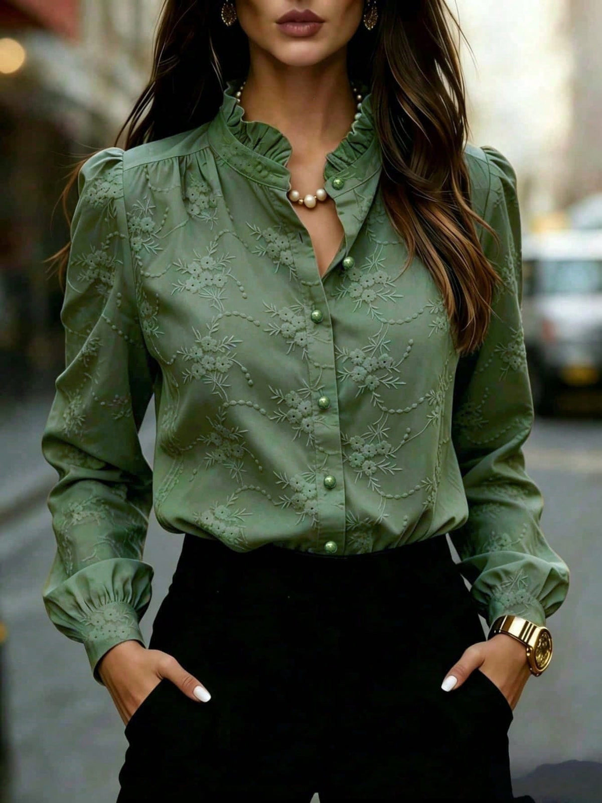 Women’s Jacquard Stand Collar Blouse – Relaxed Refined Top