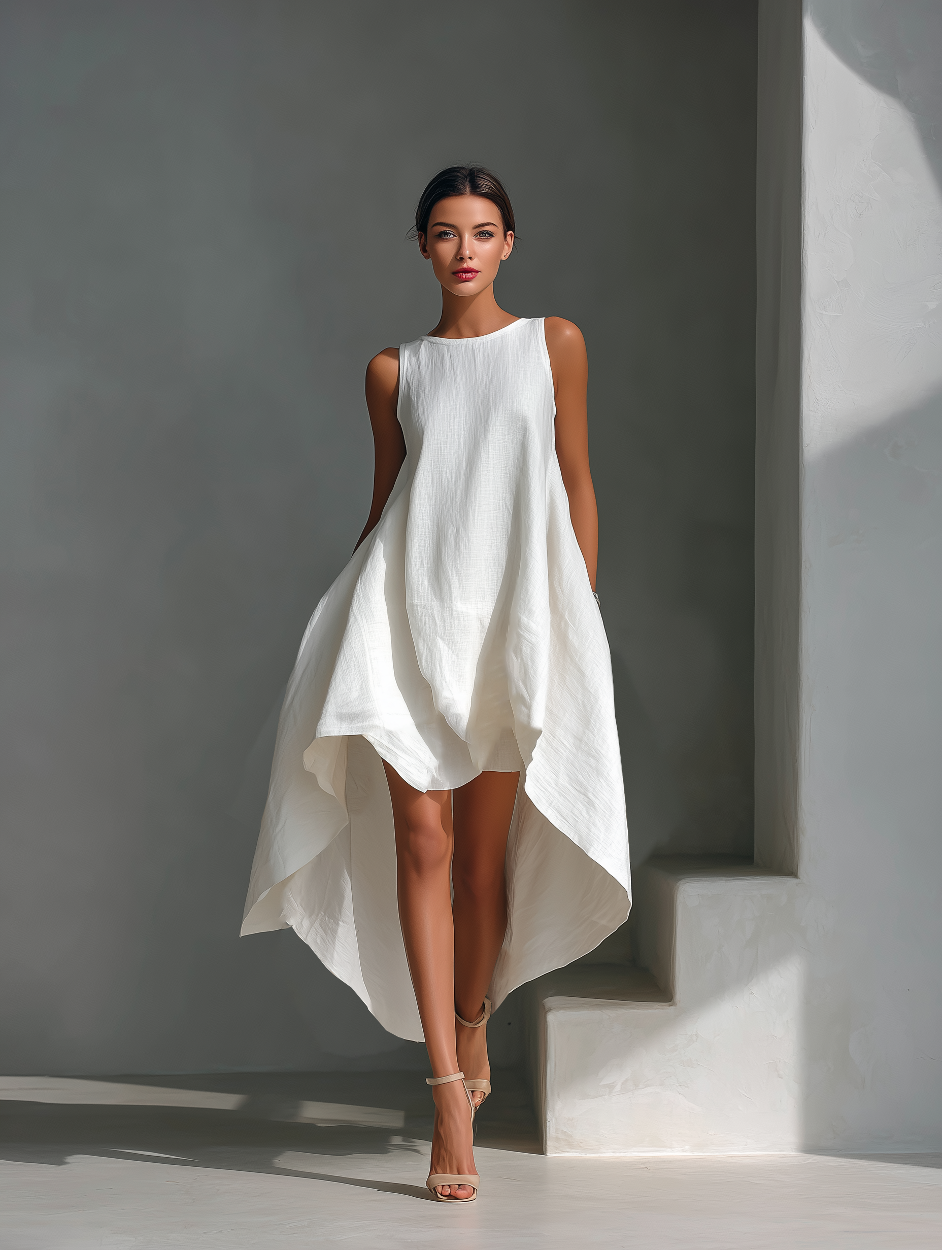 Women's Sleeveless Linen Midi Dress - Round Neck Asymmetric Hem Style