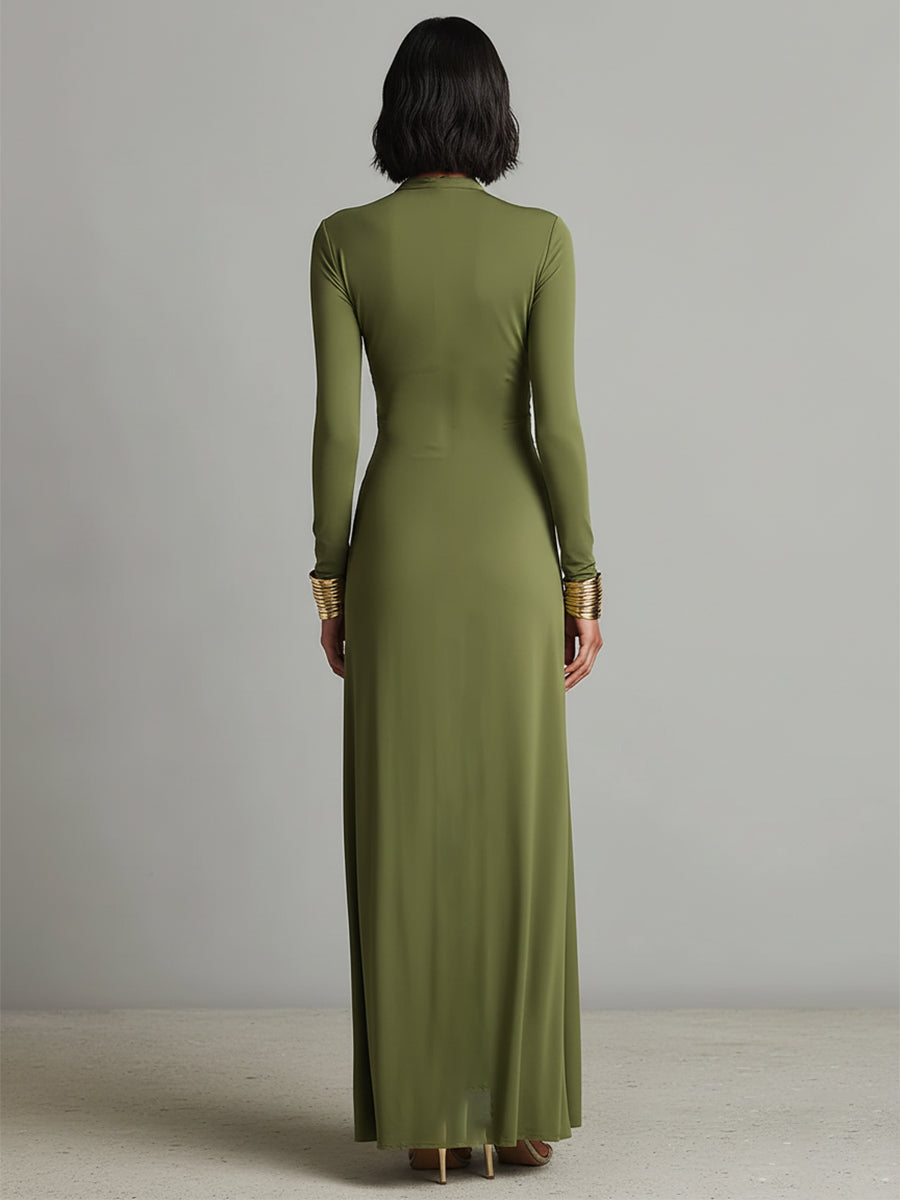 Women's Olive Silk Maxi Dress – Deep V-Neck Elegant Occasion Style