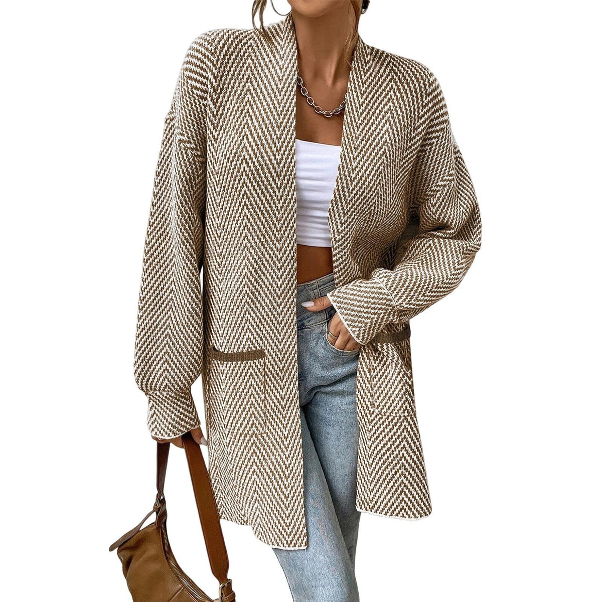 Pocket Long-Sleeve Knit Sweater - Loose and Casual