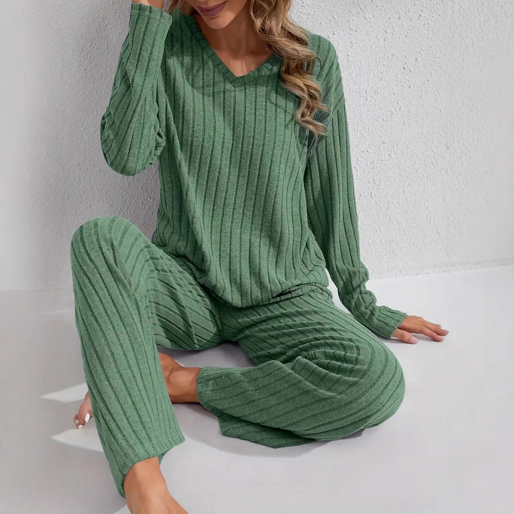 Women's Ribbed Long-Sleeve Top and Pants Set – Casual Comfortable Loungewear