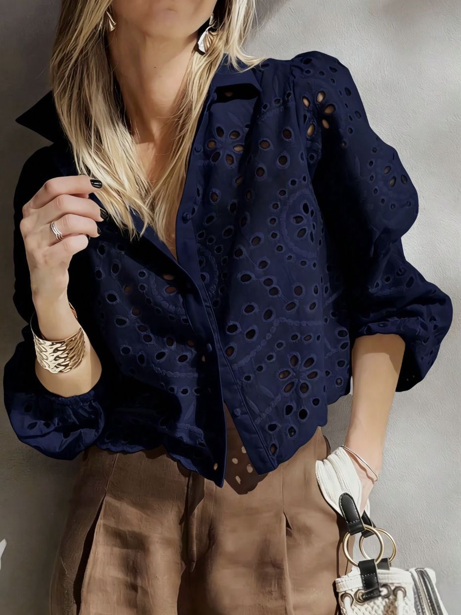 Women's Embroidered Short Shirt - Relaxed Hollow-Out Casual Blouse