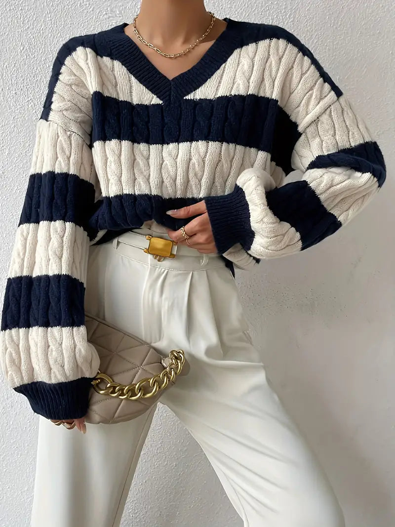 Striped loose V-neck sweater