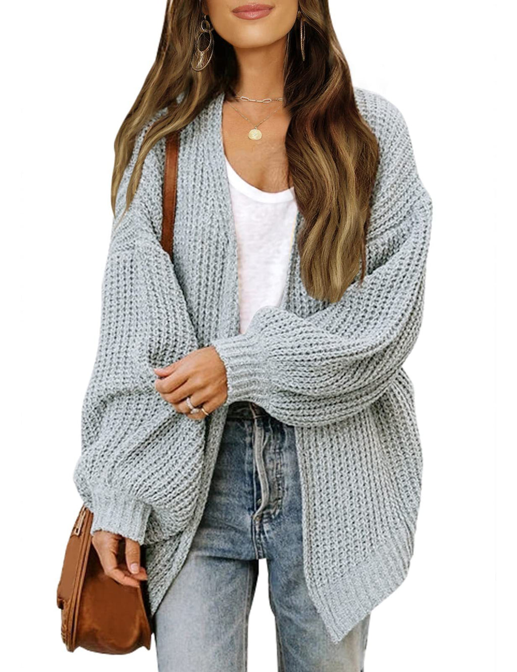 Women’s Chunky Knit Cardigan Coat – Lantern Sleeve Cozy Oversized Style