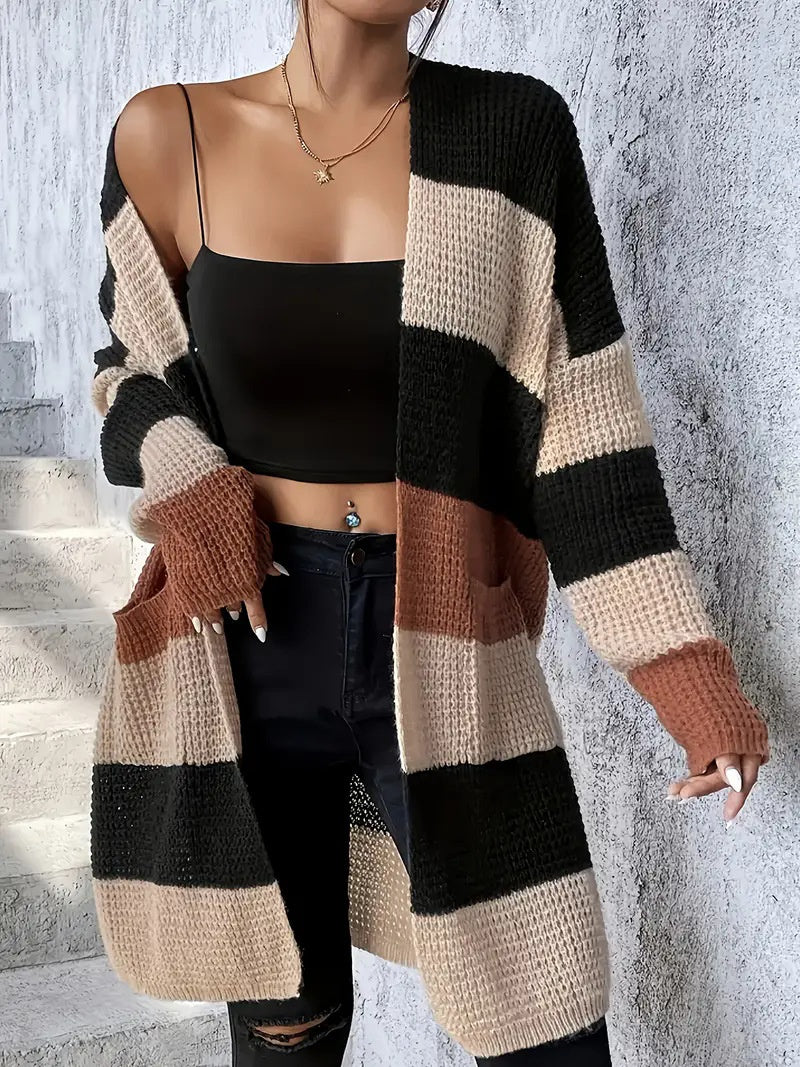 Women’s Loose-Fit Striped Long Sleeve Cardigan – Cozy Casual Style in Three Colors
