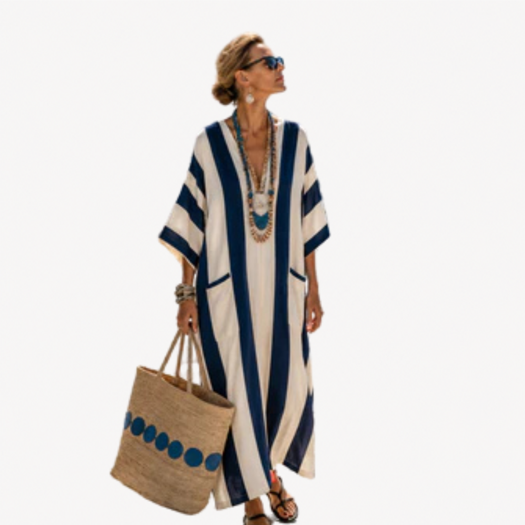 Women's Maxi Caftan Cover-Up – Striped Lightweight Beach Daywear
