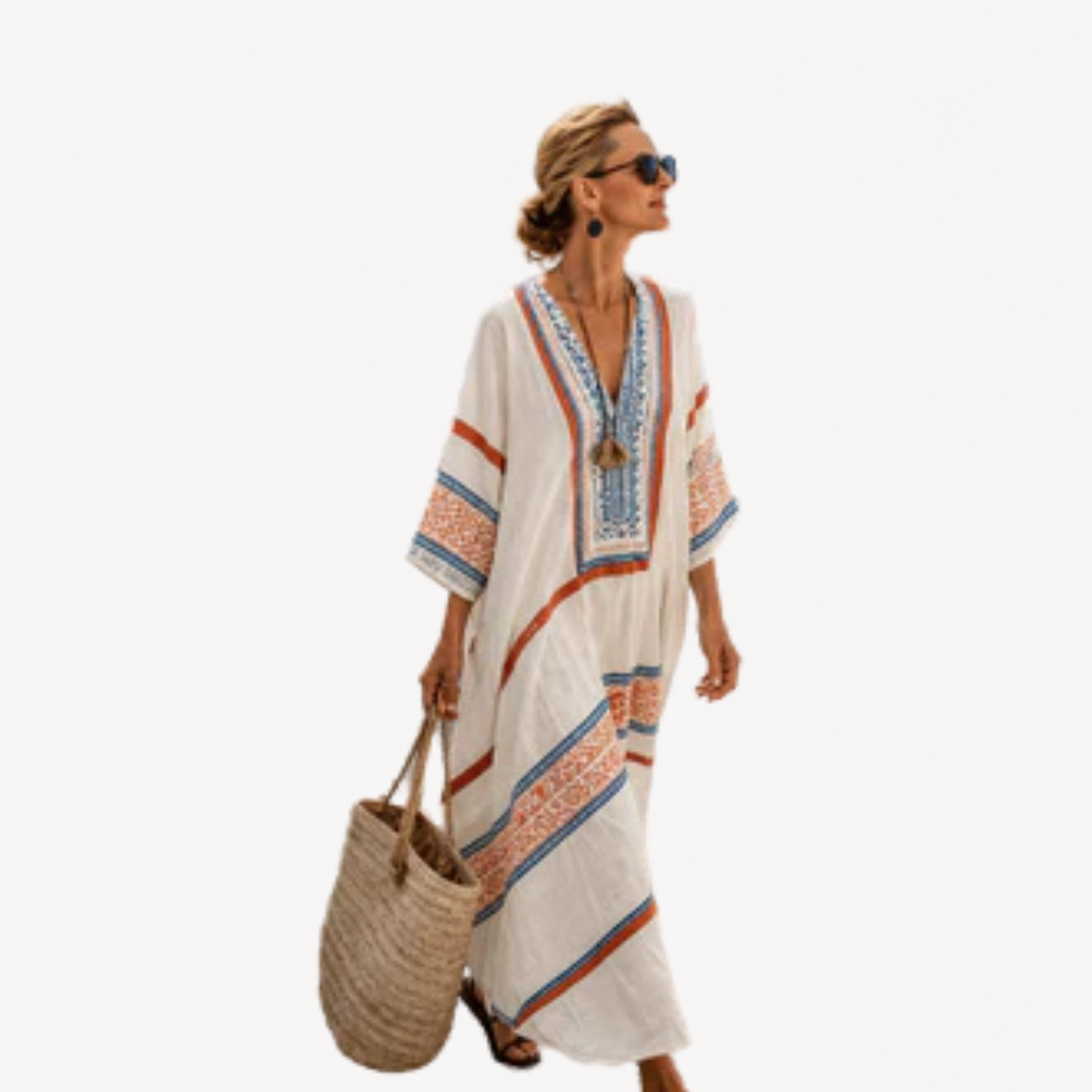 Women's Maxi Caftan Cover-Up – Geometric Lightweight Beach Daywear
