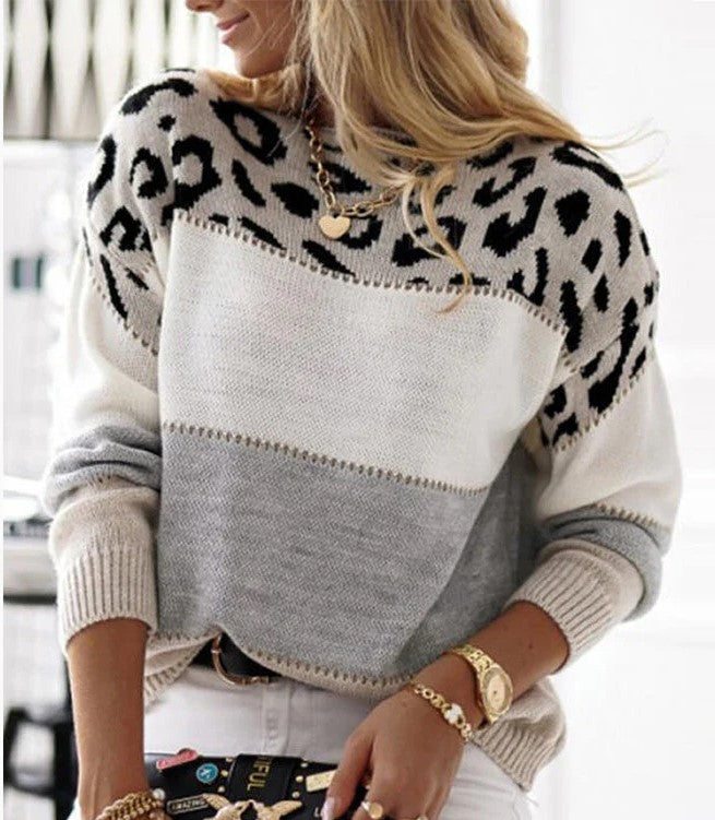 Women’s Color Block Crew Neck Sweater – Casual Long-Sleeve Knitwear