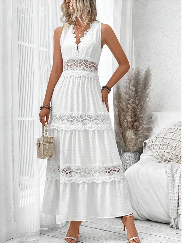 Women's Lace V-Neck Dress – Elegant Flattering Occasion Dress