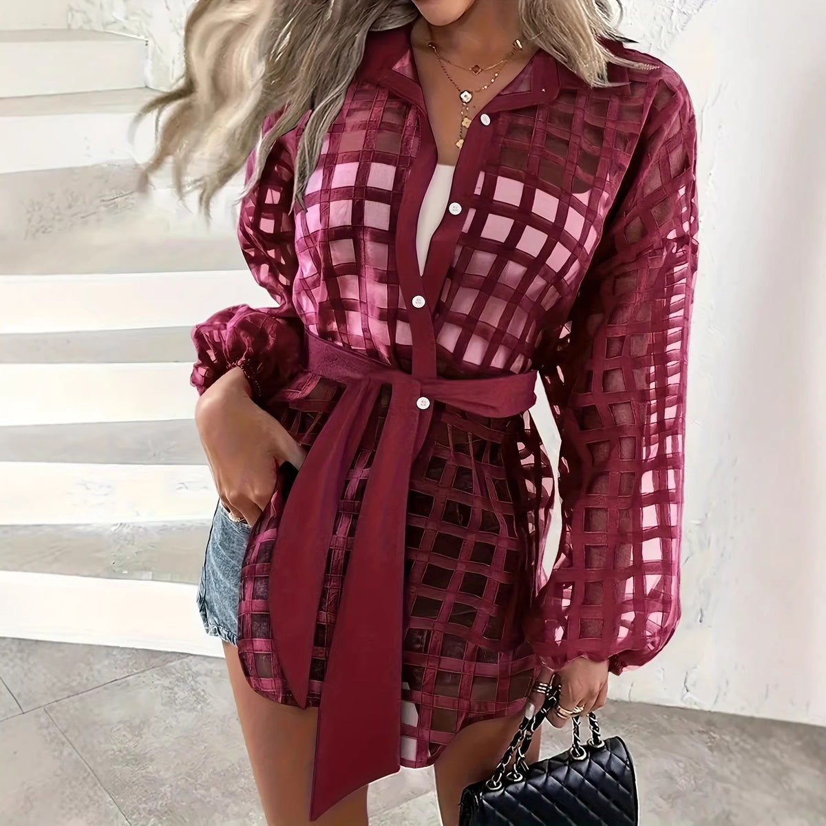 Women’s Wine Red Lace-Up Waist-Defined Top – Lapel Collar Long Sleeve Chic Style