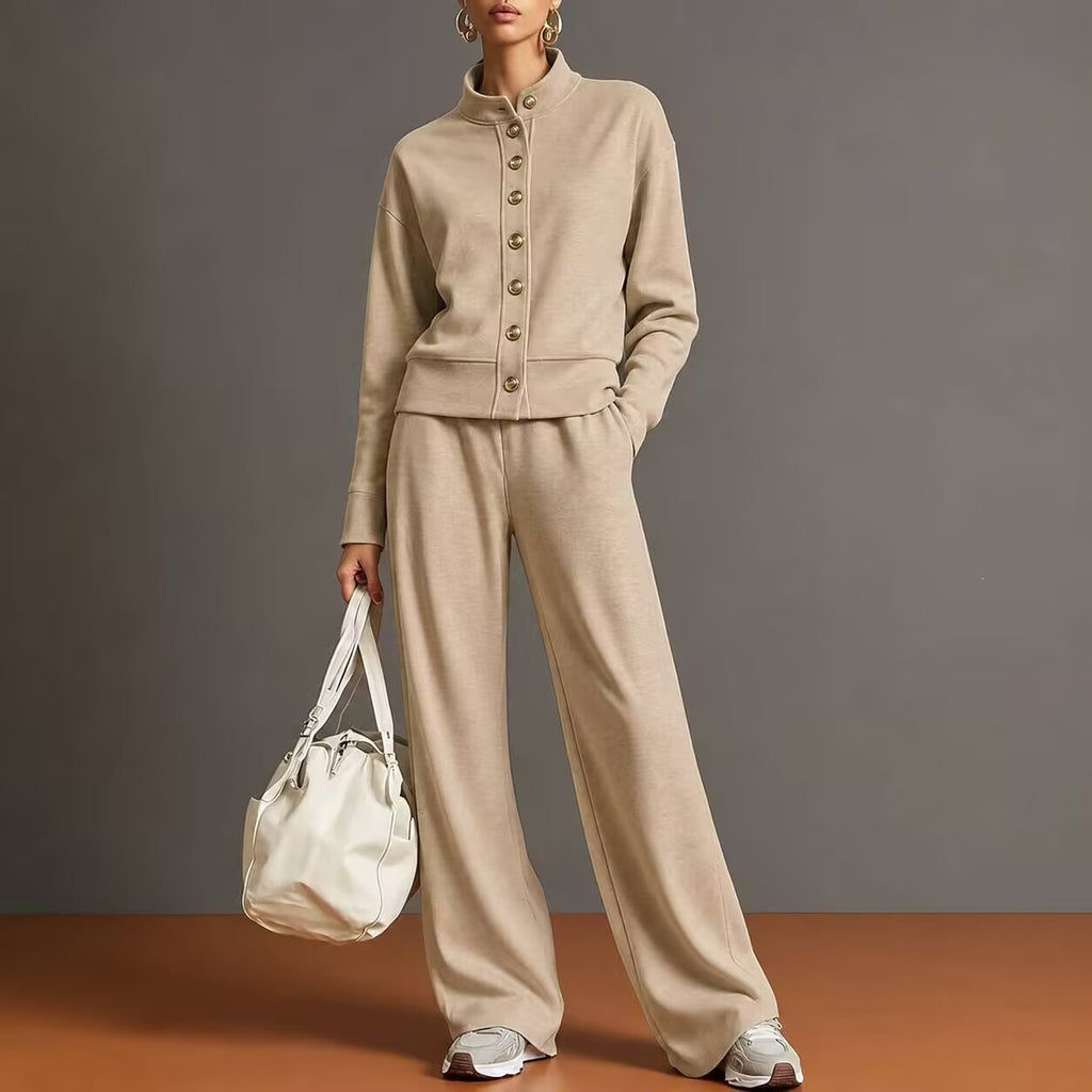 Stand-Collar Cardigan and Wide-Leg Pants Set - Polished and Comfortable