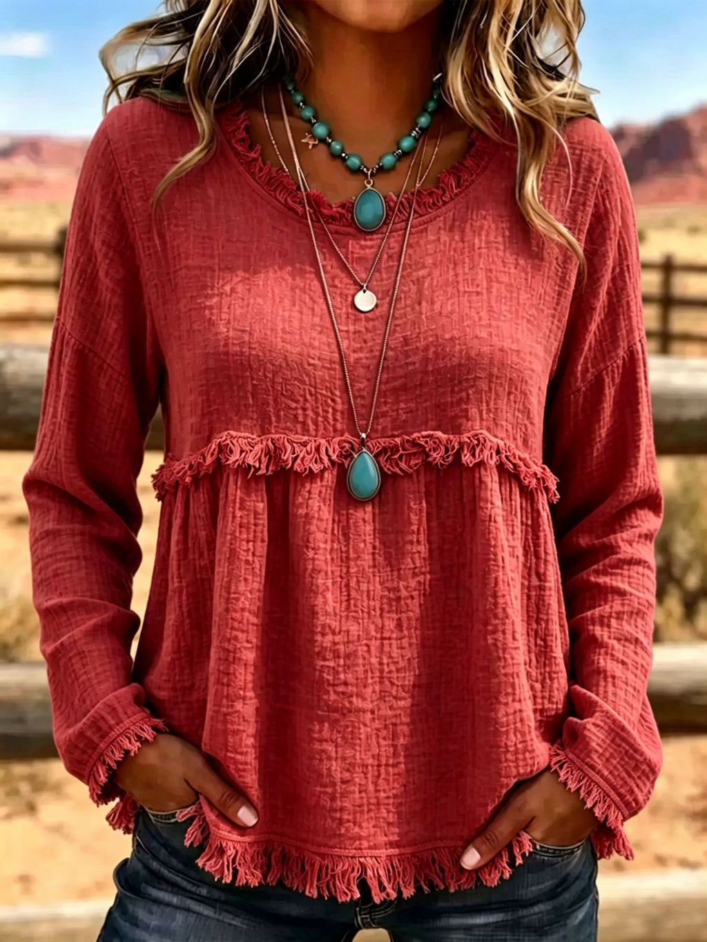 Women’s Vintage Tassel Crew Neck Top – Chic Long Sleeve Casual Style