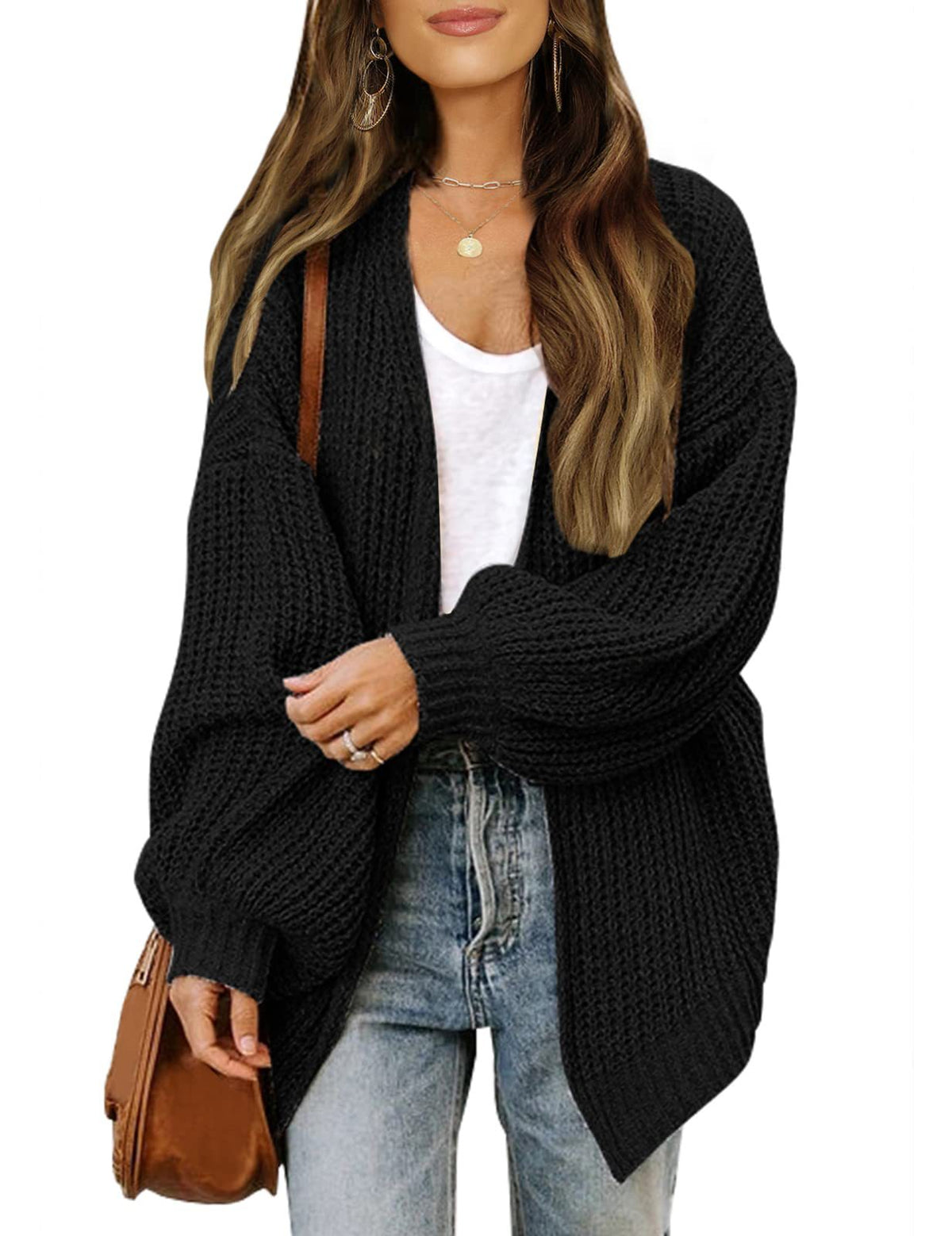 Women’s Chunky Knit Cardigan Coat – Lantern Sleeve Cozy Oversized Style