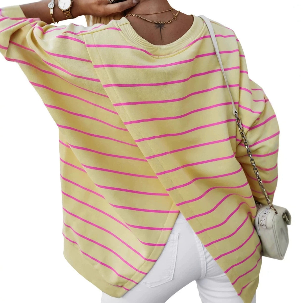 Women’s Striped Print Crew Neck Sweatshirt – Cozy Casual Fall Winter Style