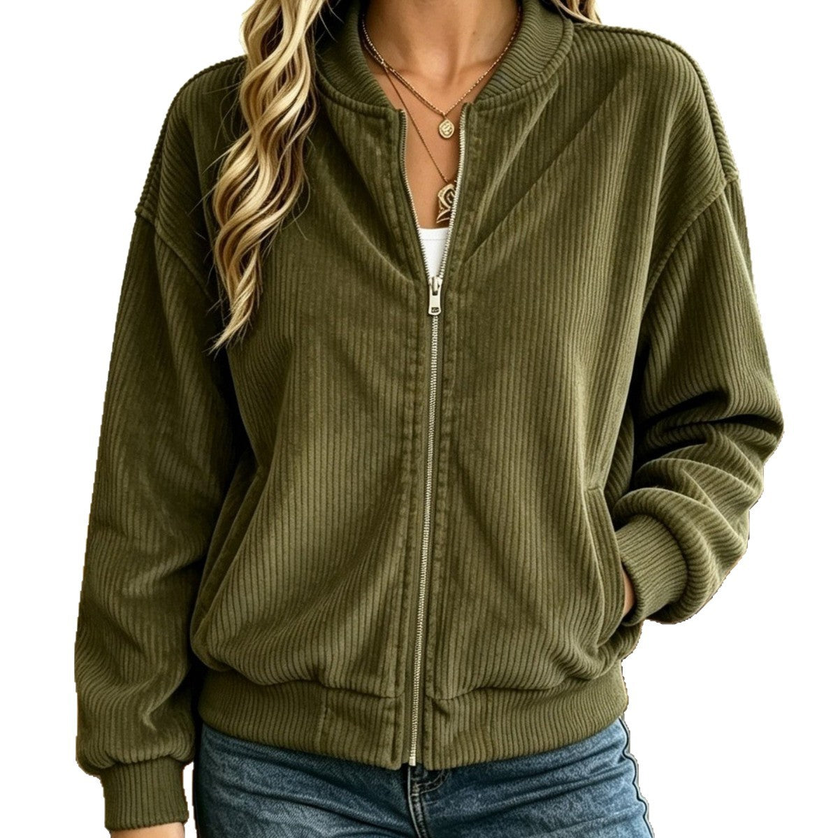 Retro Vertical-Stripe Zip Jacket - Casual and Relaxed