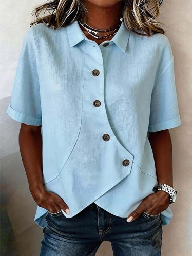Women's Irregular-Button Blouse – Relaxed Short-Sleeve Everyday Top
