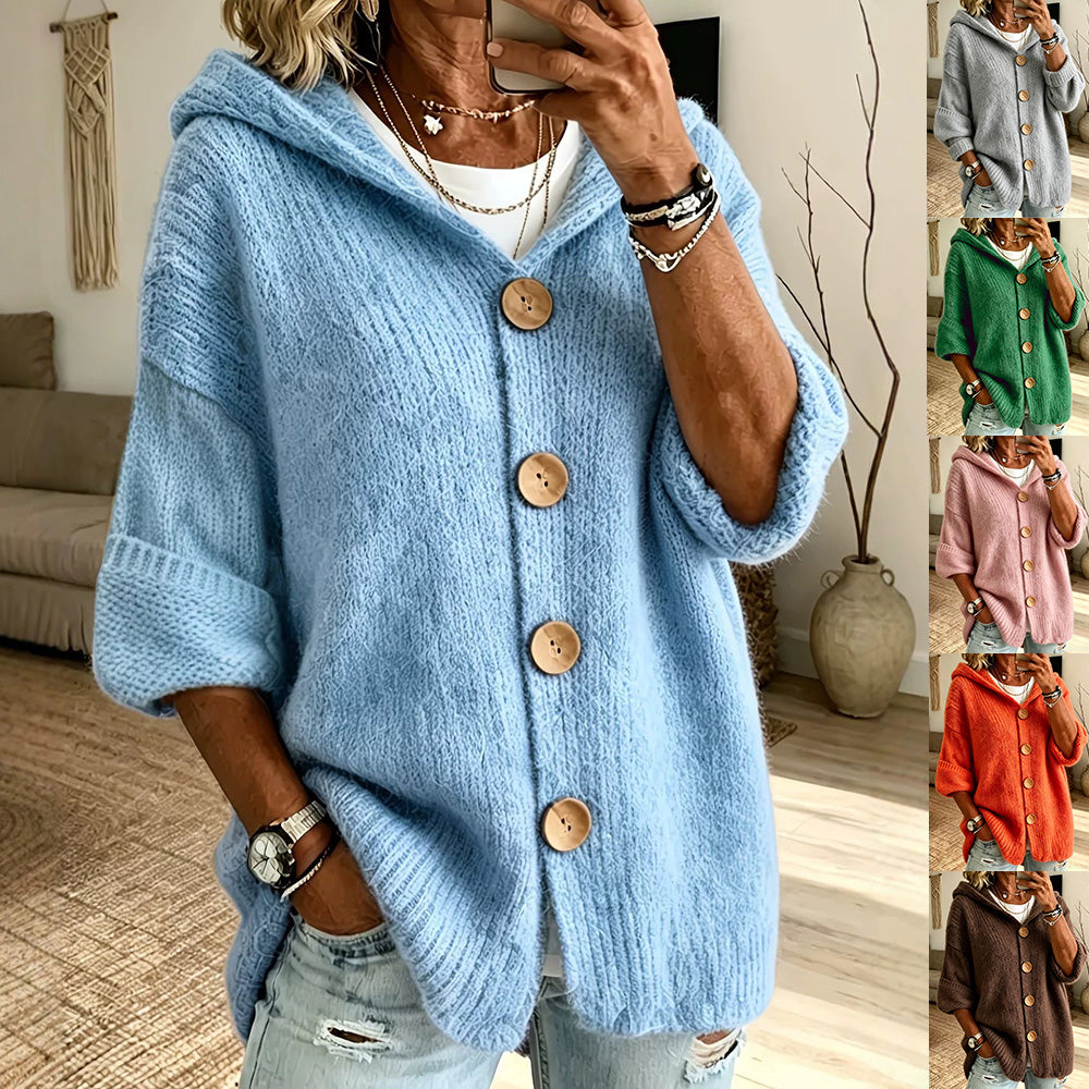 Women’s Solid Color Hooded Cardigan Sweater – Long Sleeve Button-Down Knit Casual Everyday Style