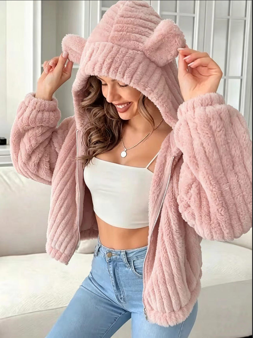 Women’s Teddy Bear Ear Hooded Plush Coat – Cozy Cute Warm Winter Style