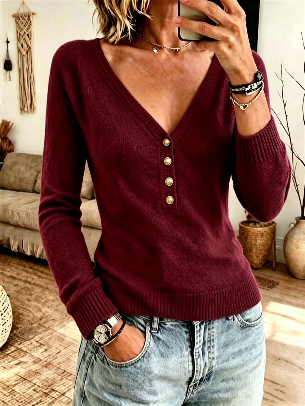 Women's Solid V-Neck Knit Sweater - Simple Soft Everyday Layer