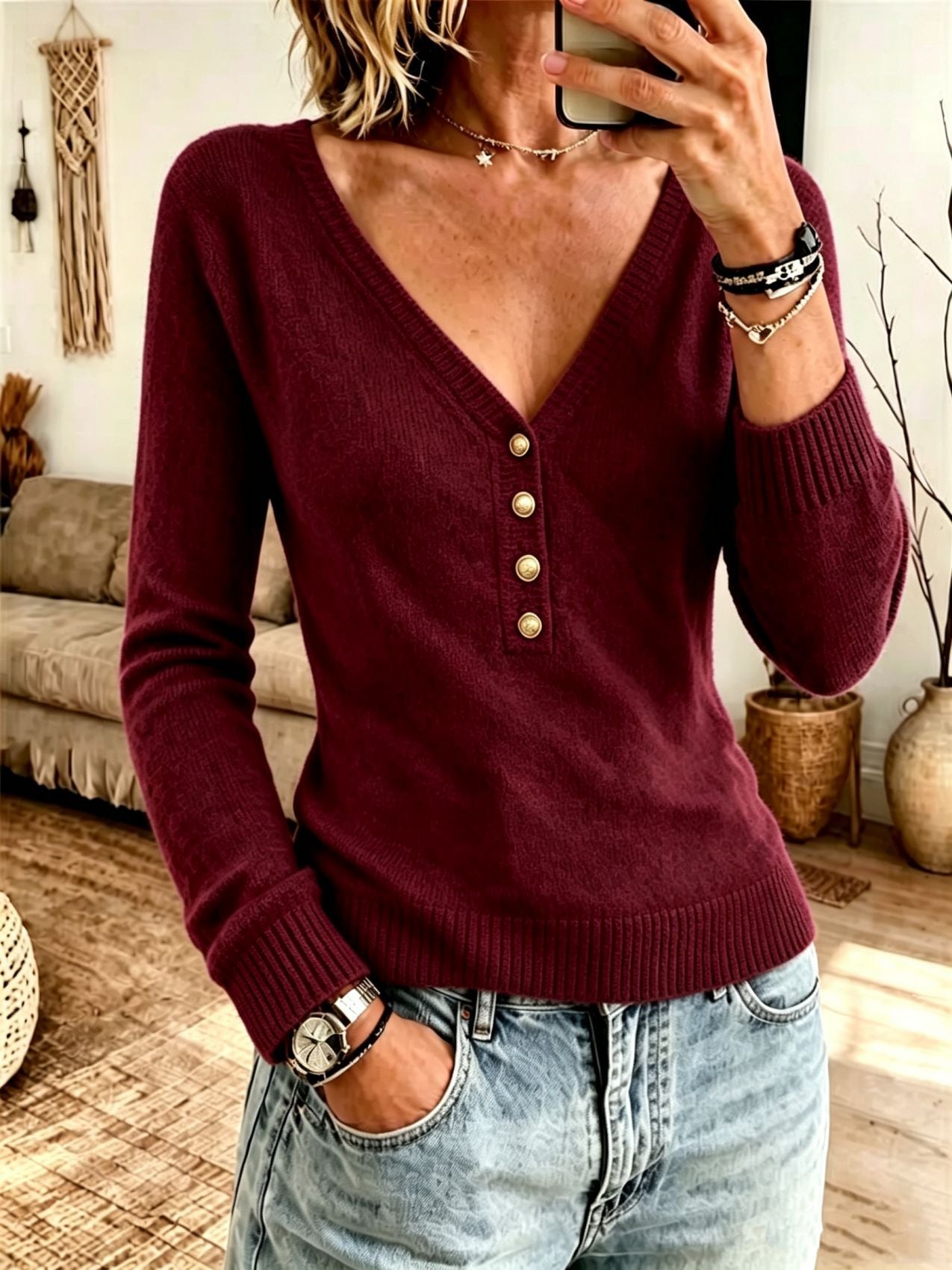 Women's Solid V-Neck Knit Sweater - Simple Soft Everyday Layer