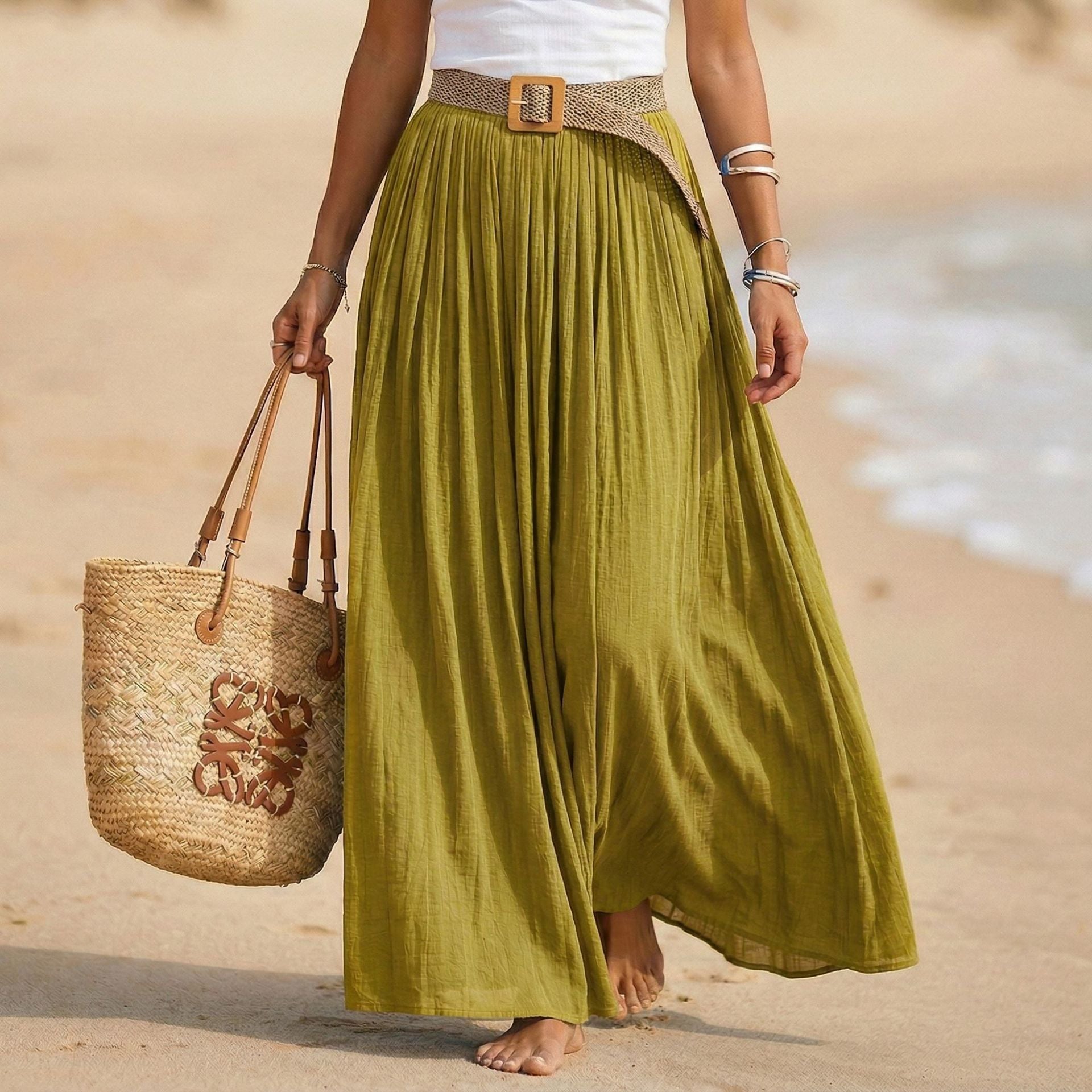 Women's Flared Maxi Dress - Elastic Waist Holiday Beach Dress