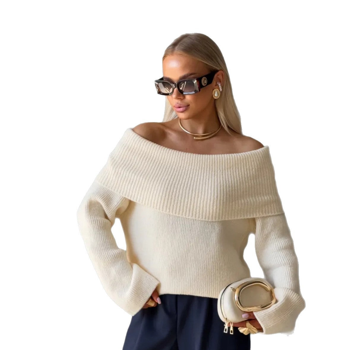 Off-Shoulder Lapel Sweater - Chic and Comfortable