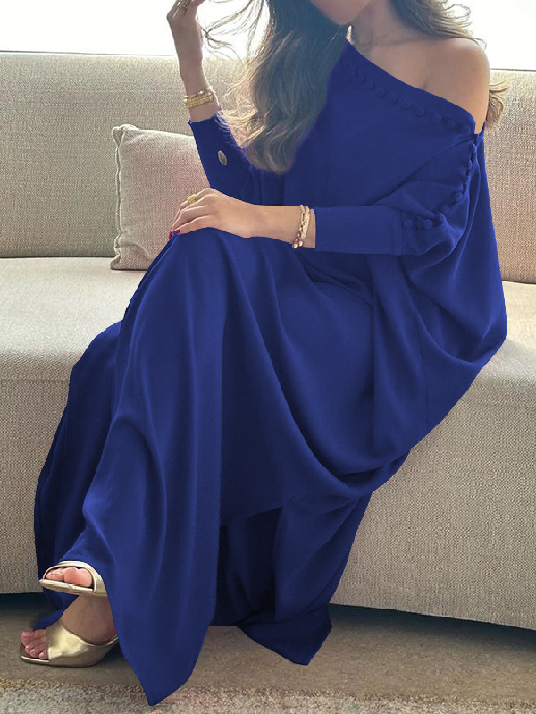 Women's Buttoned H-Line Maxi Dress – Loose Solid Color Vacation Dress