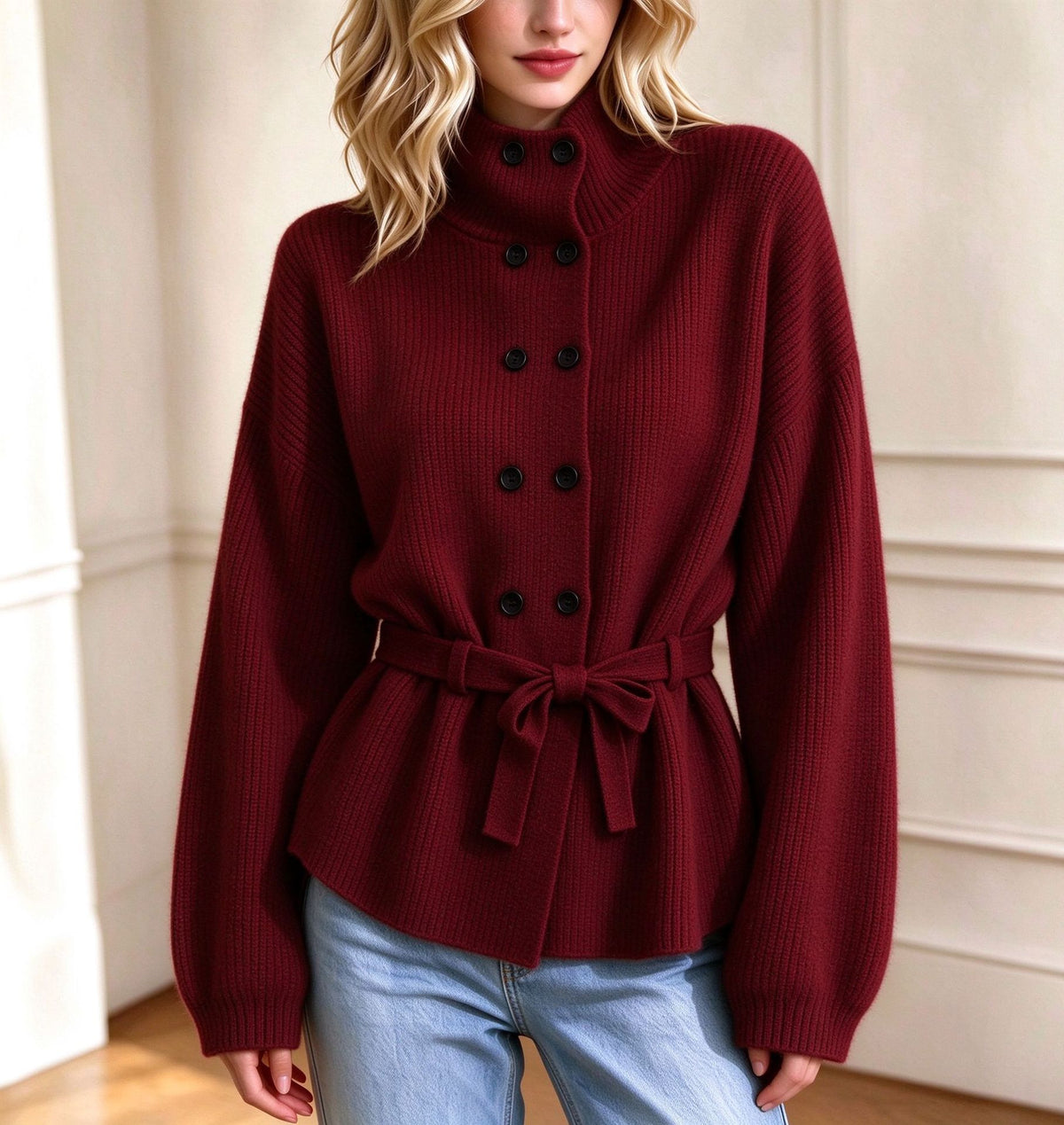 Women’s Double-Breasted Knit Coat – Elegant Long Sleeve Outerwear