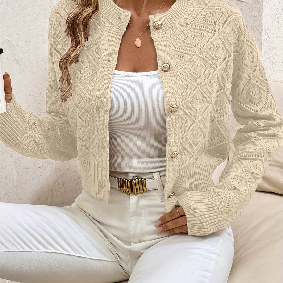 Buttoned Openwork Cardigan - Elegant and Light