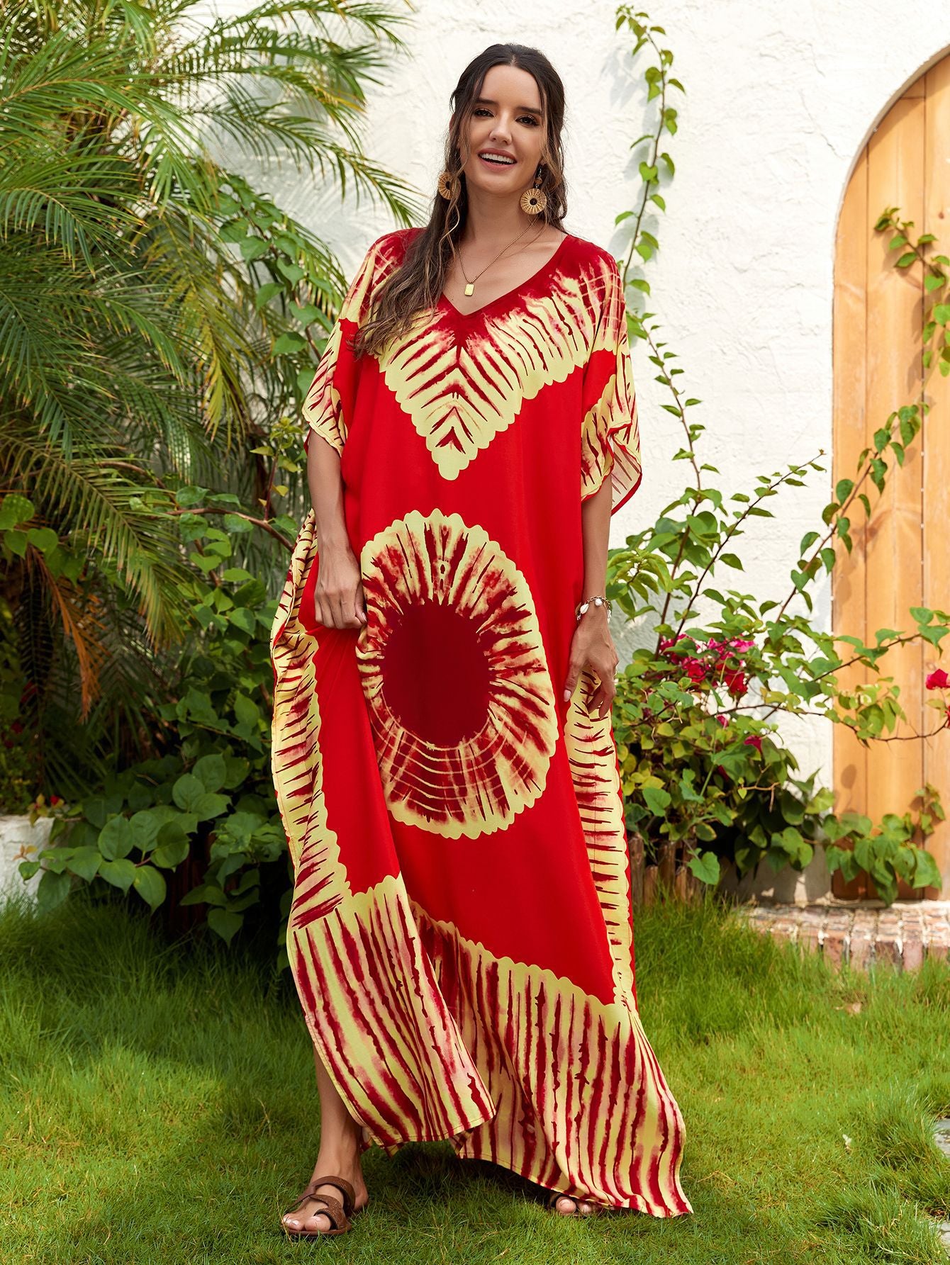 Women's Printed V-Neck Maxi Holiday Dress - Relaxed One Size Daywear