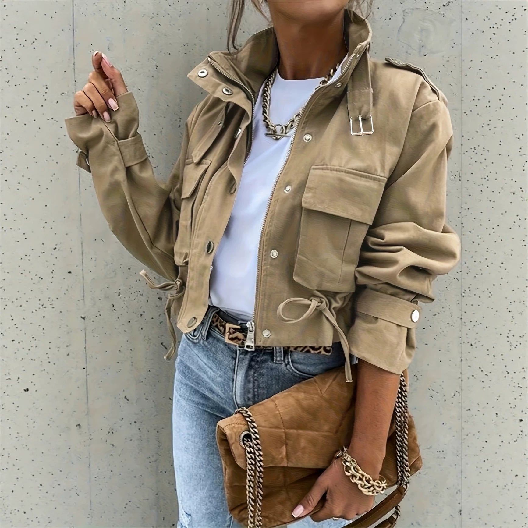 Women’s Long Sleeve Mandarin Collar Biker Jacket – Chic Vintage Casual Style