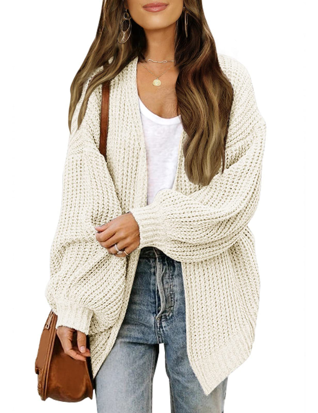 Women’s Chunky Knit Cardigan Coat – Lantern Sleeve Cozy Oversized Style