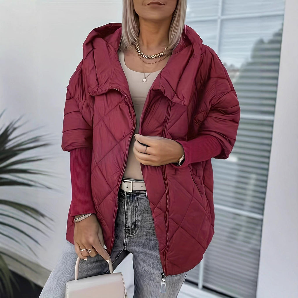 Women’s Hooded Zip-Up Puffer Jacket – Chic Patchwork Warm Winter Style