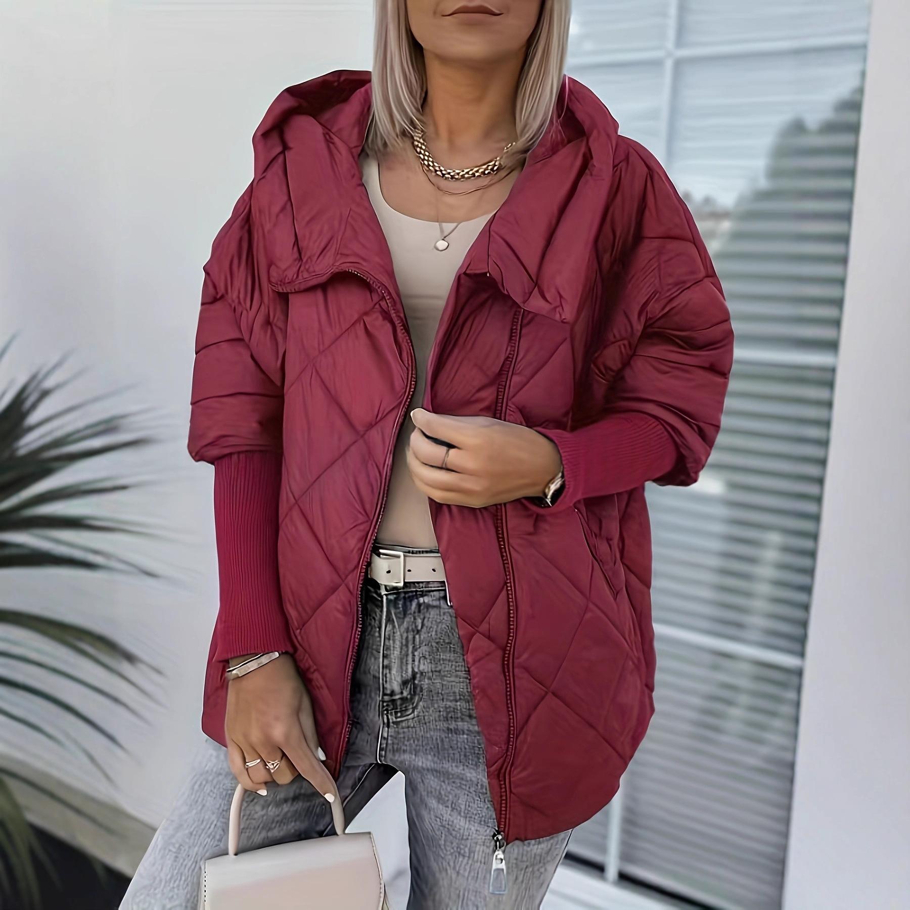 Women’s Hooded Zip-Up Puffer Jacket – Chic Patchwork Warm Winter Style
