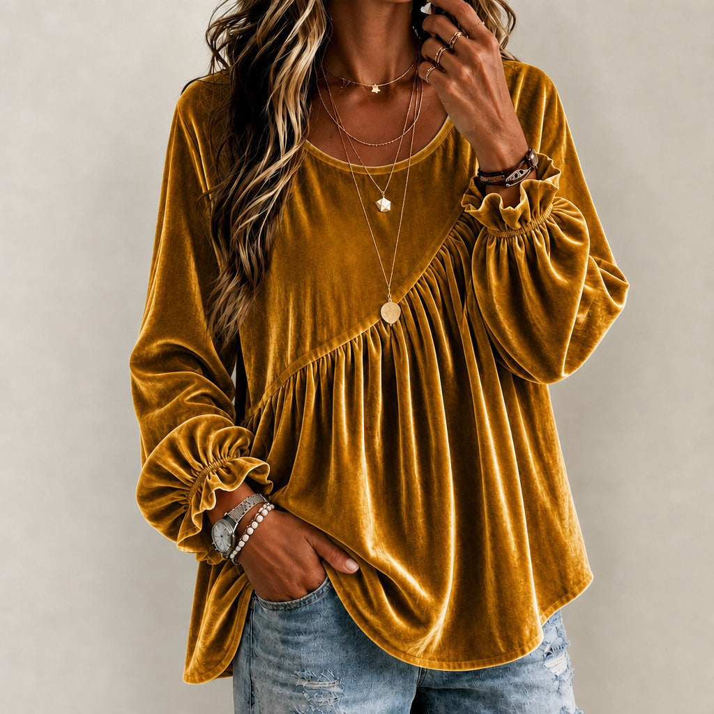 Women’s Velvet Crew Neck Ruffle Top – Relaxed Fit Elegant Style