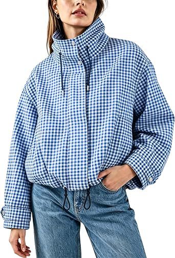 Women’s Plaid Stand Collar Zip-Up Jacket – Stylish Casual Short Outerwear