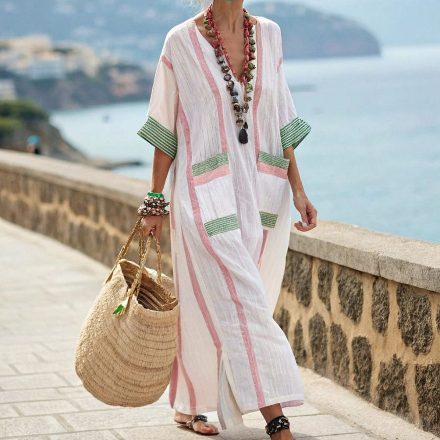 Women's Maxi Kaftan Dress – White Pink Stripe Green Trim Summer Cover-Up