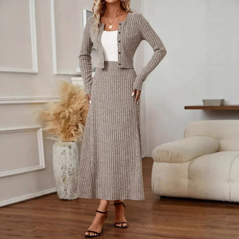 Women's Knit Cardigan and Midi Skirt Set - Relaxed Matching Look