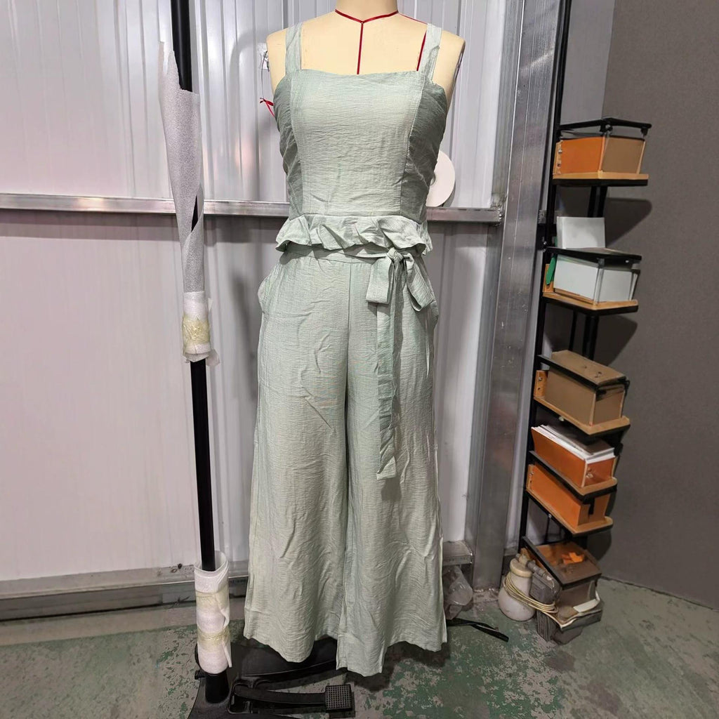 Women's Pleated Two-Piece Set - Strapless Top and Wide Leg Pants