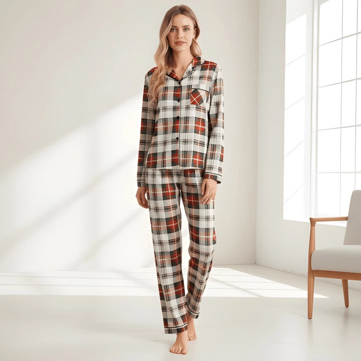 Couples Plaid Pattern Long-Sleeve Pajama Set – Matching Sleepwear Outfit