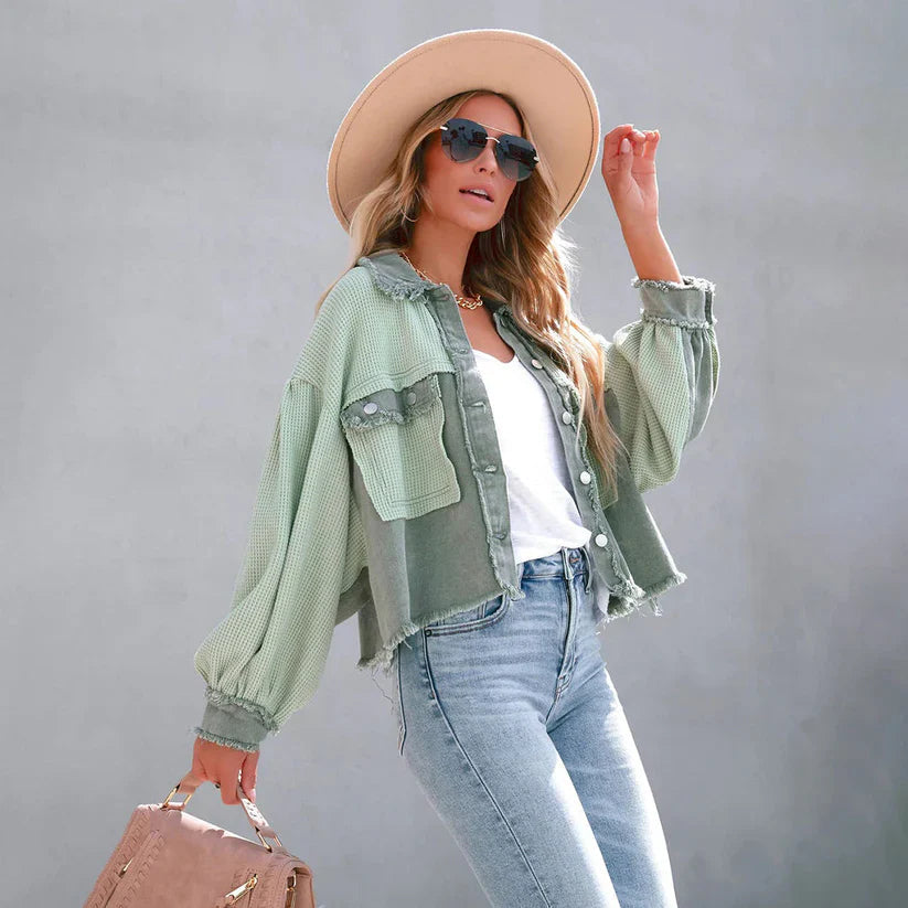 Women's Cropped Frayed Hem Jacket - Fitted Casual Everyday Layer