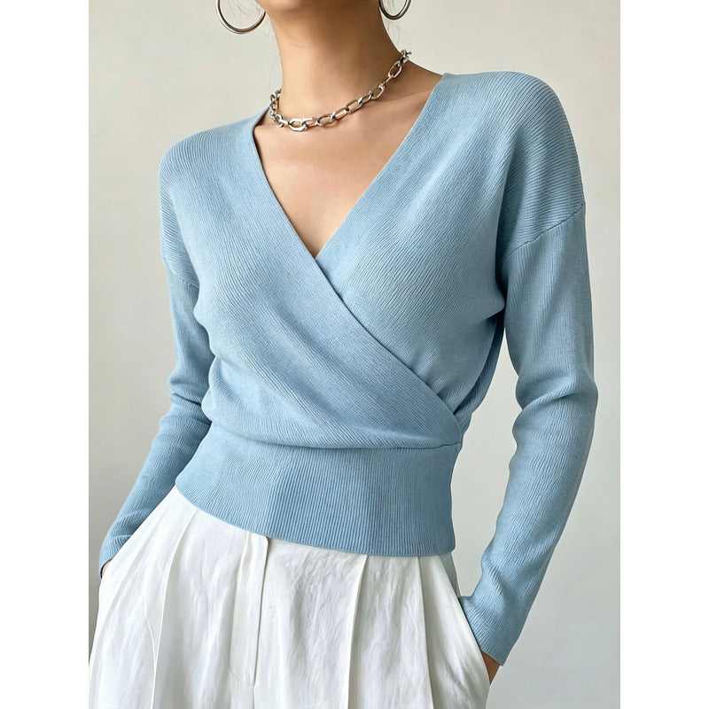 Cross-Neck Waist-Cinching Knit Sweater - Soft and Shaped