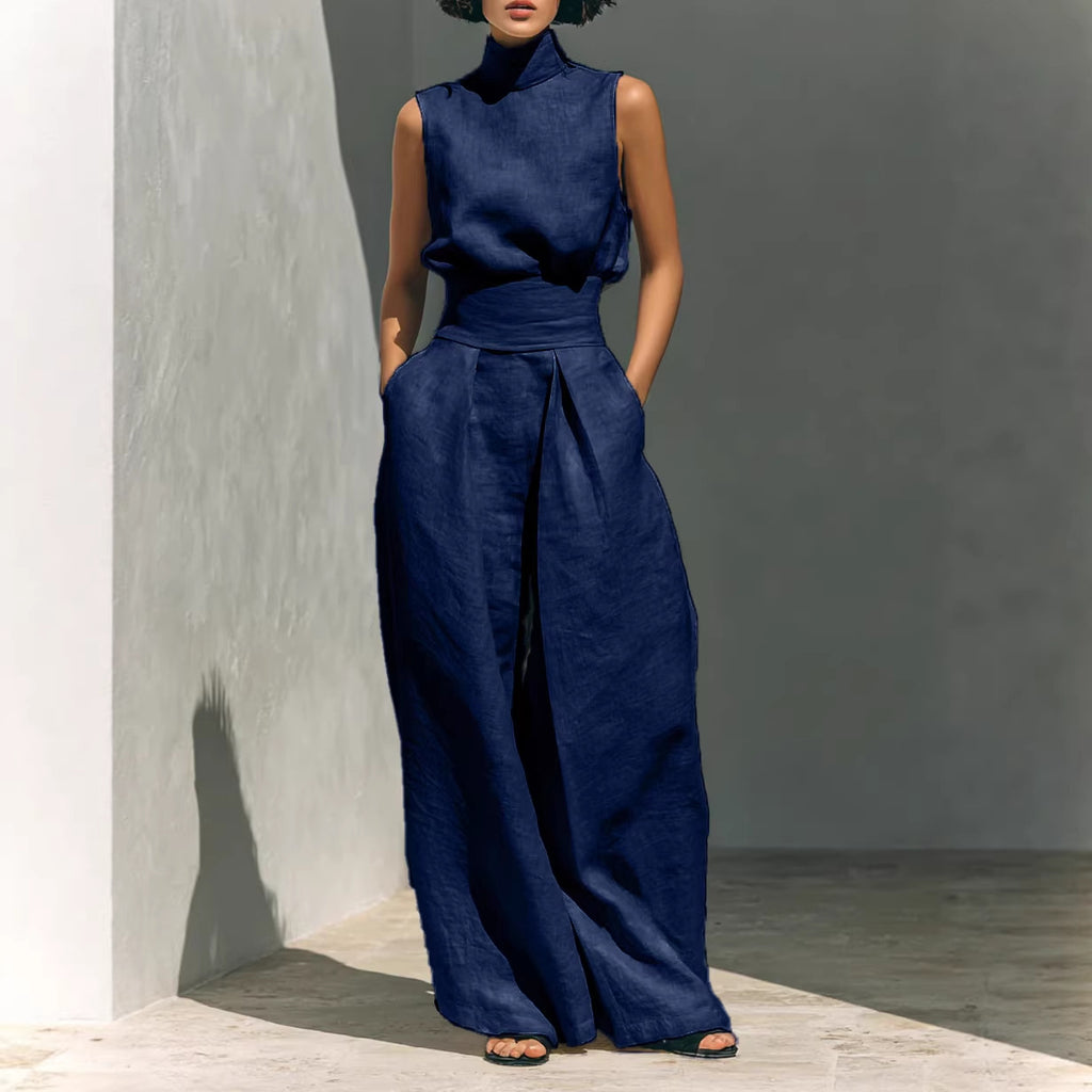 Women’s Sleeveless Two-Piece Set – Stand Collar Top & Straight-Leg Trousers Summer Casual Style
