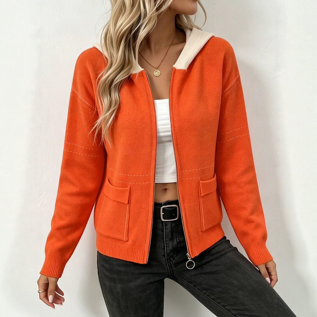 Zip-Up Hooded Knit Cardigan - Cozy and Casual