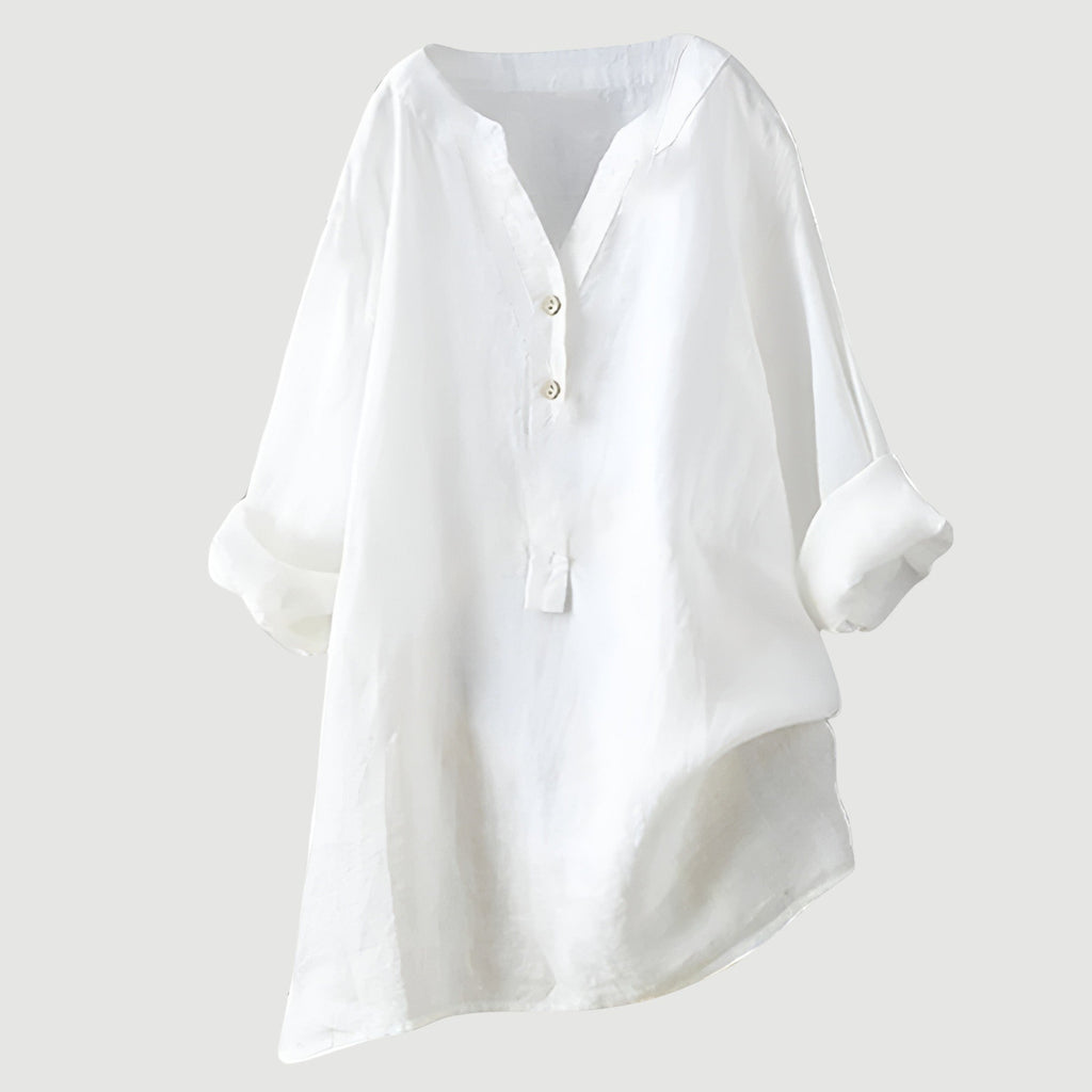 Women's Red Linen V-Neck Button Long-Sleeve Tunic Shirt