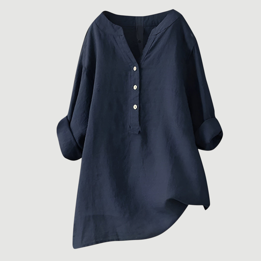 Women's Red Linen V-Neck Button Long-Sleeve Tunic Shirt