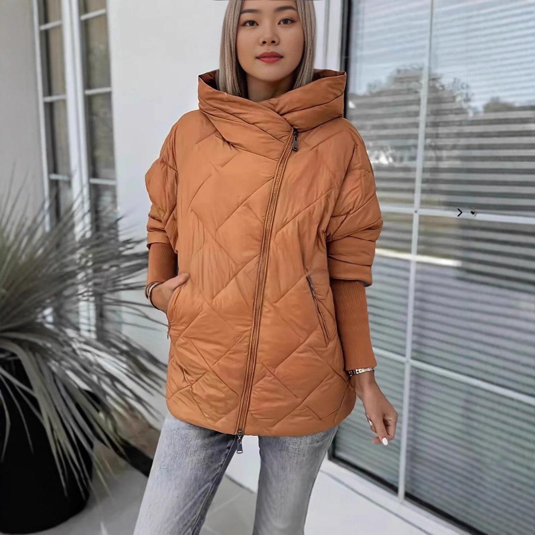 Women’s Hooded Zip-Up Puffer Jacket – Chic Patchwork Warm Winter Style