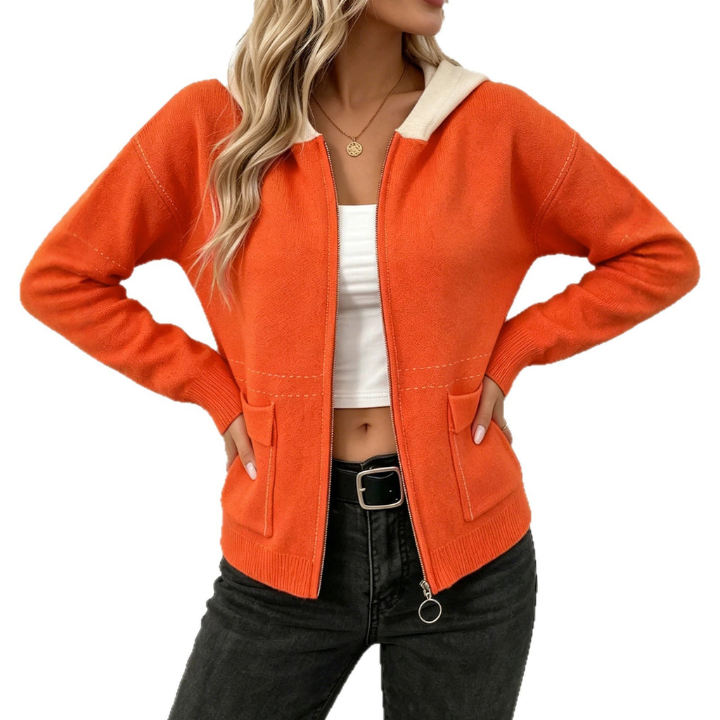 Zip-Up Hooded Knit Cardigan - Cozy and Casual
